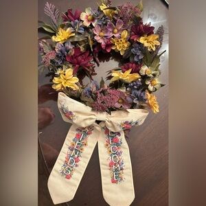 Handmade wreath with Cross Stitched  Welcome Friends bow.